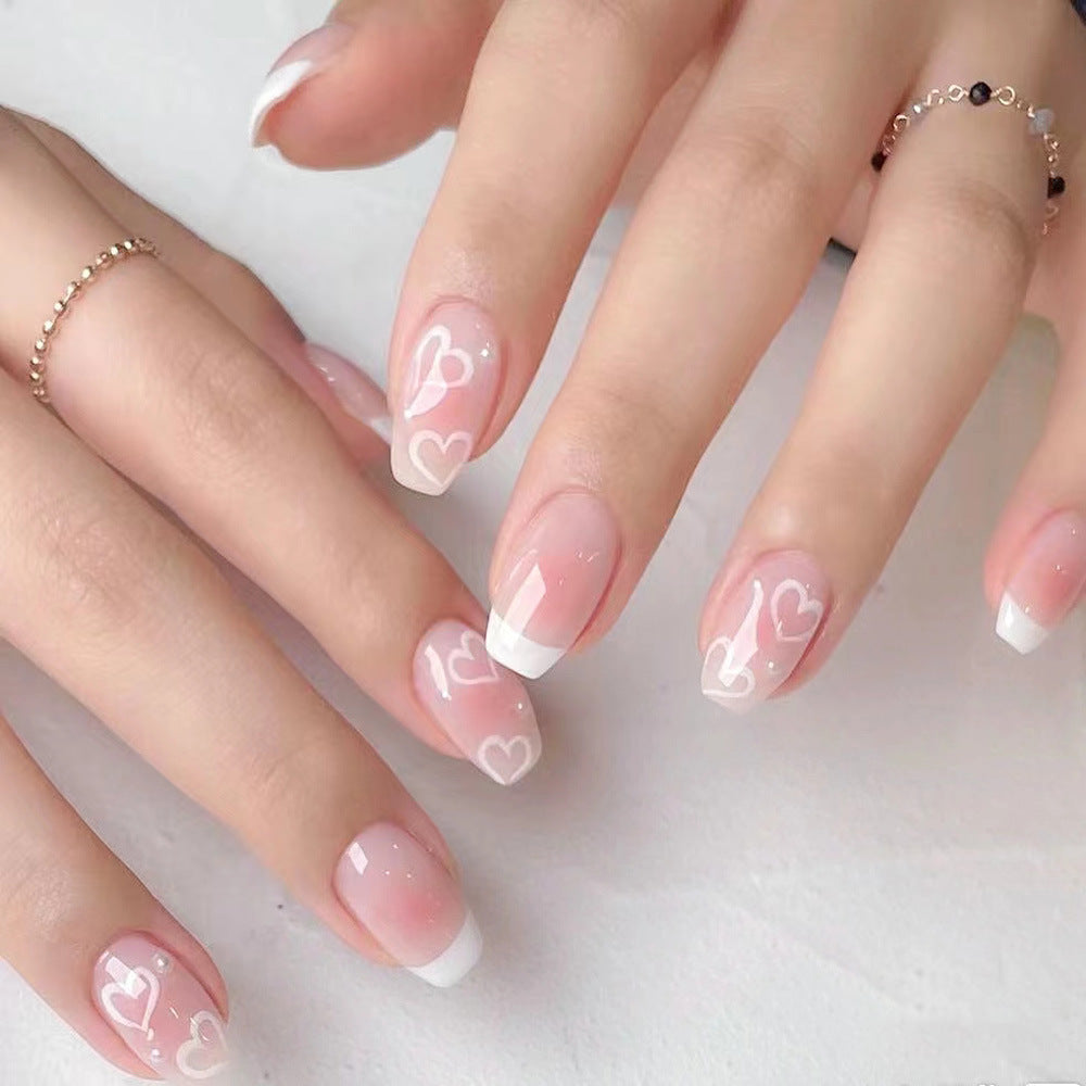 Romantic Affair Medium Coffin Pink and White French Tip Press On Nails with Love Heart Accents