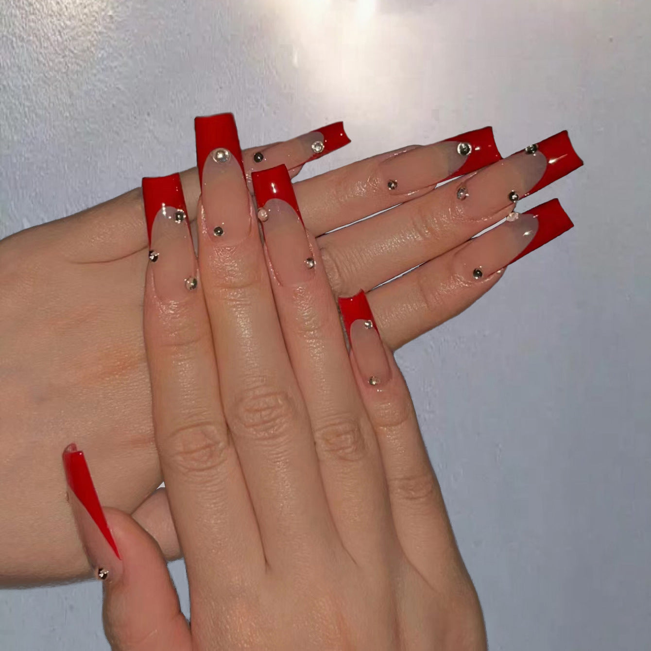 Red Carpet Ready Extra Long Square Classic Red Press On Nails with Rhinestone Embellishments