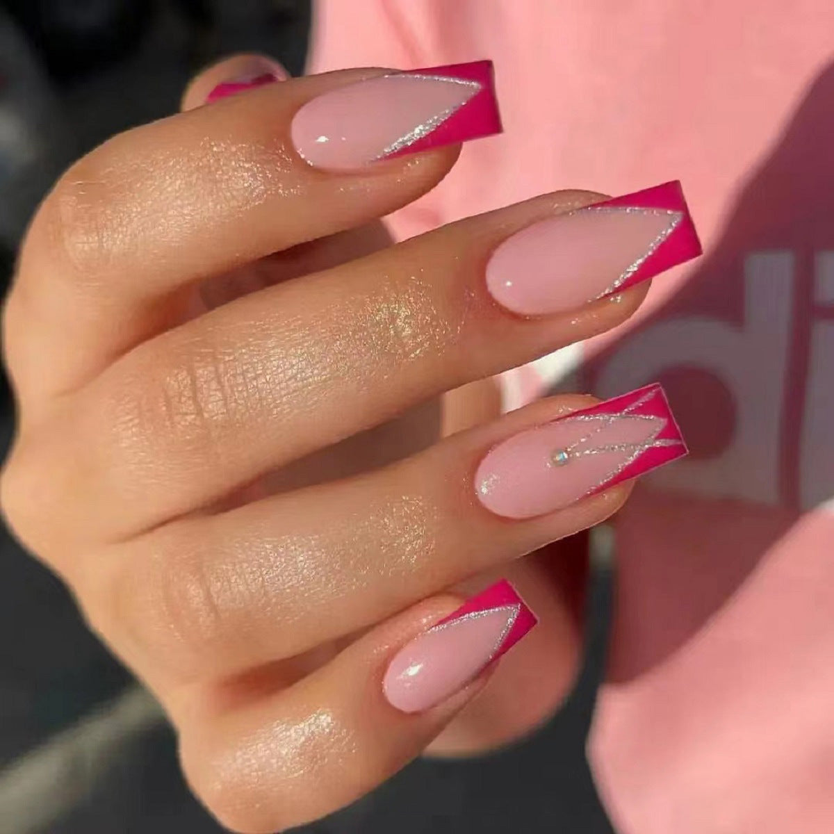 Chic Edge Long Square Beige Press On Nails with Hot Pink French Tips and Rhinestone Accents