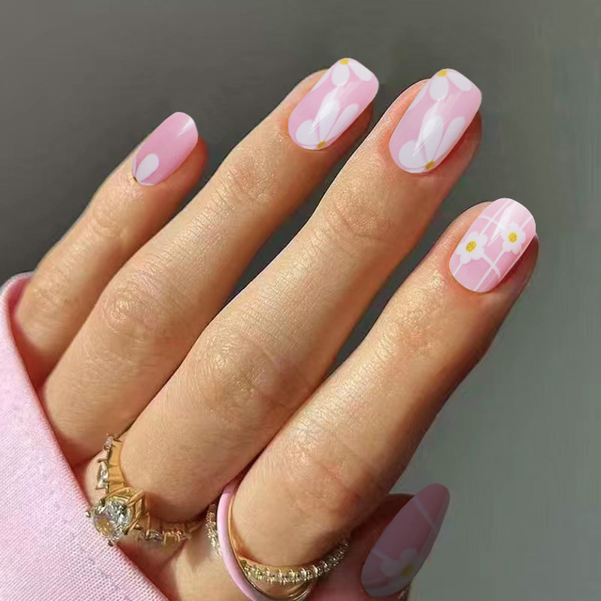 Spring Blossom Short Length Square Pink Floral Pattern Press On Nail Set