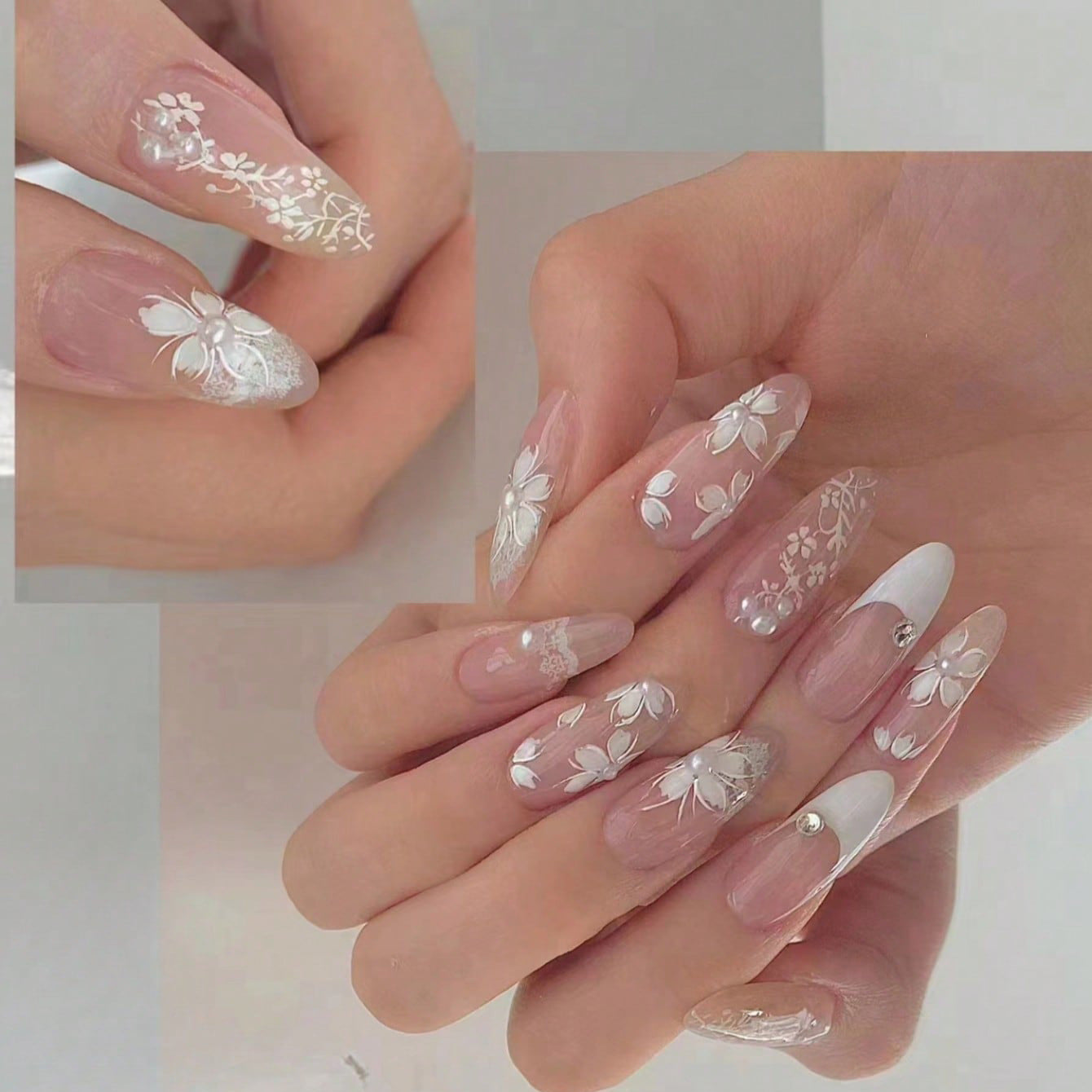 Bridal Bliss Long Almond-Shape Clear Press On Nail Set with White Floral Accents and Rhinestone Embellishments