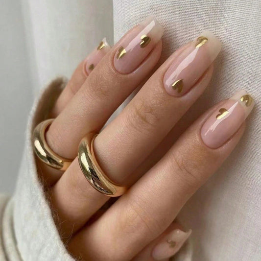 Elegant Romance Medium Square Beige Press On Nails with Gold Accents