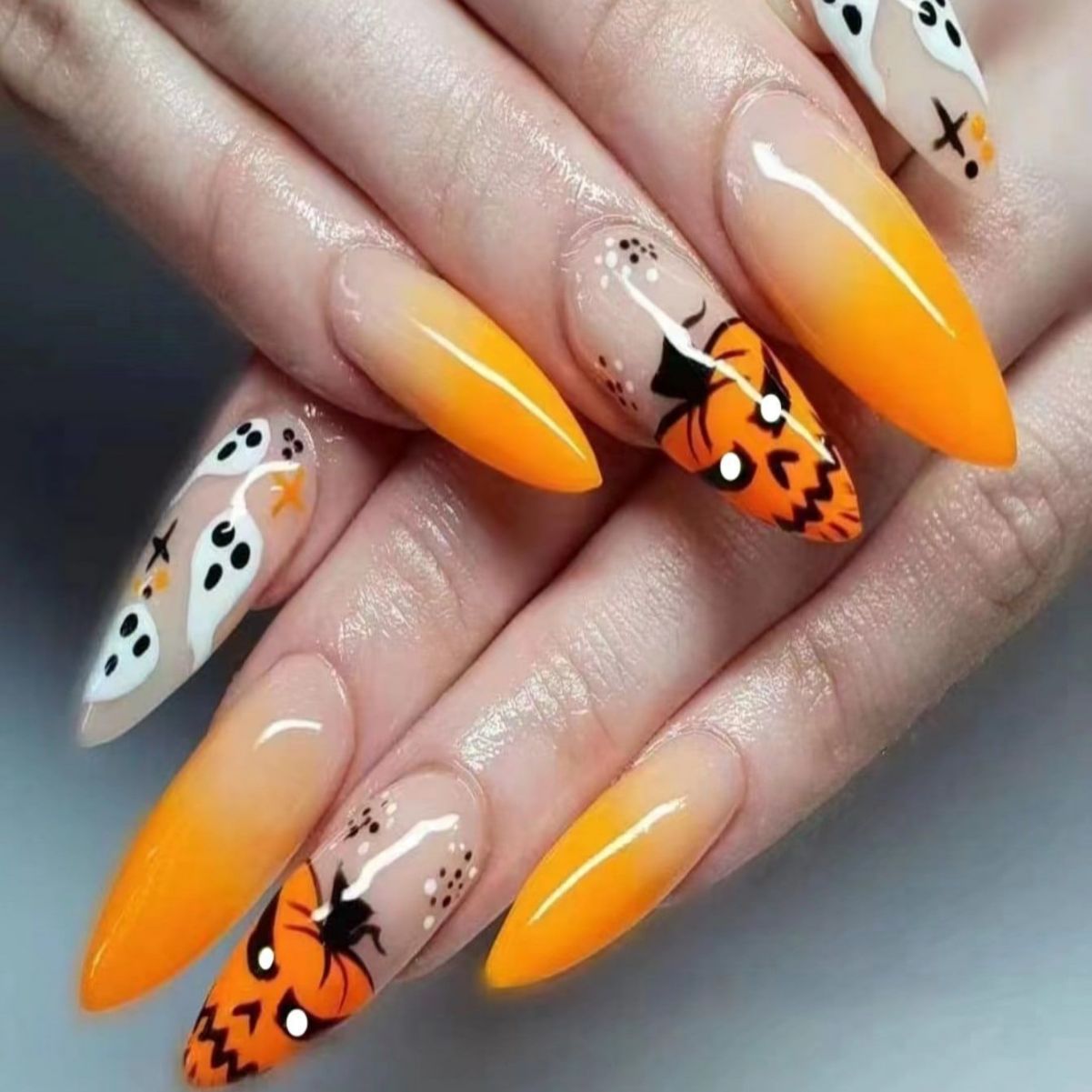 Spooky Elegance Long Stiletto Orange Halloween Themed Press On Nail Set with Ghost and Pumpkin Accents