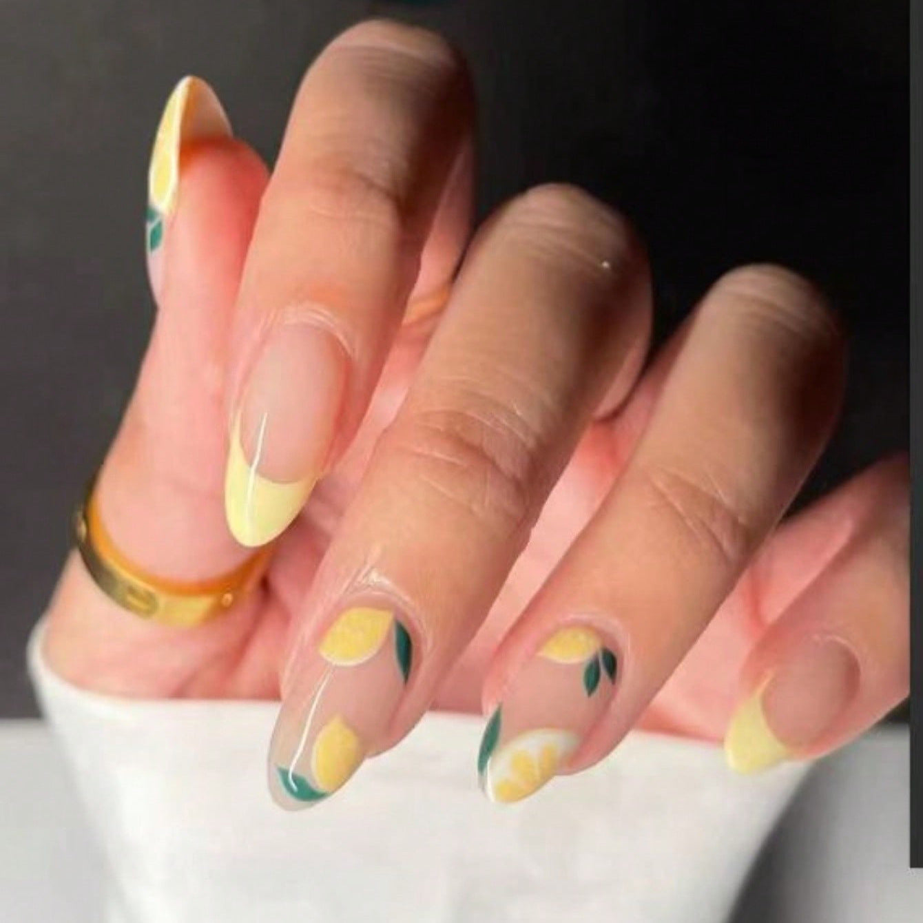 Lemon Zest Summer Vibes Long Almond Clear Press On Nails with Yellow and Green Abstract Art Design