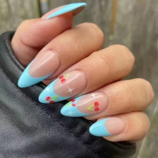 Summer Breeze Long Almond Baby Blue and Beige Press On Nail Set with Fruit Accents