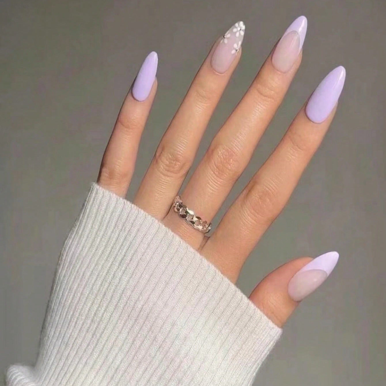 Lavender Dreams Long Almond Lilac Press On Nails with 3D Petal Accents