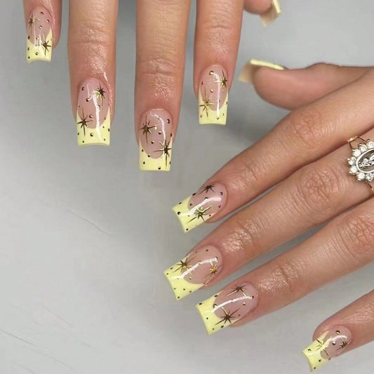 Stargazer Fantasy Medium Square Yellow Ombre Press On Nail Set with Dandelion Accent