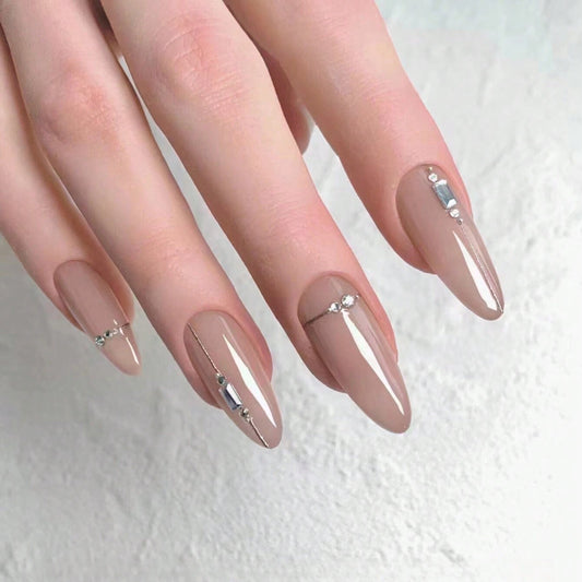 Elegant Bridal Long Almond Beige Press On Nails with Rhinestone Accents