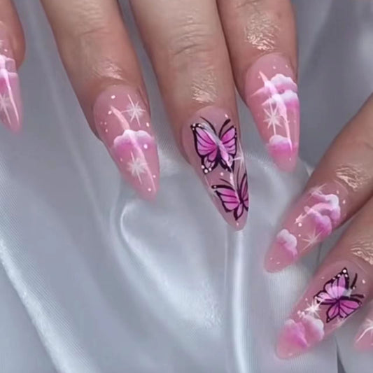 Enchanted Garden Long Almond Pink Press On Nail Set with Butterfly Accents and Starry Design