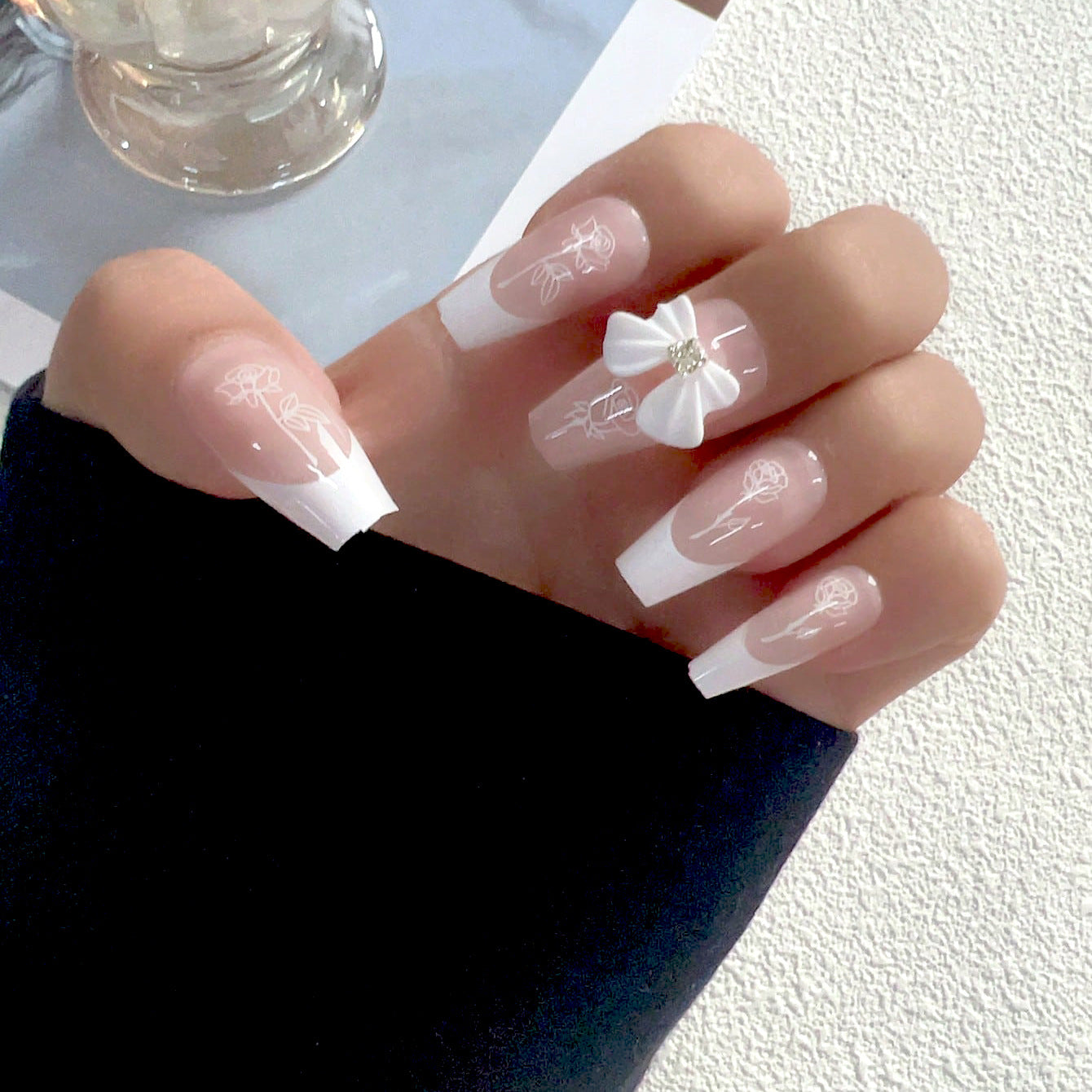 Elegant Bridal Medium Coffin White French Tip Press On Nail Set with 3D Flower Accents