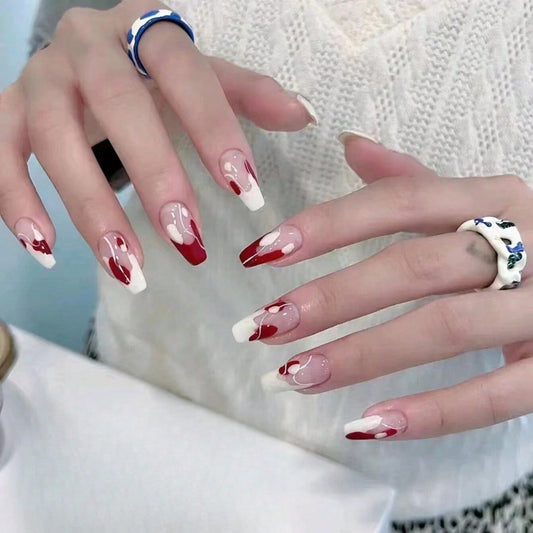 Romantic Elegance Long Coffin Red and White Marbled Press On Nail Set with Glossy Finish