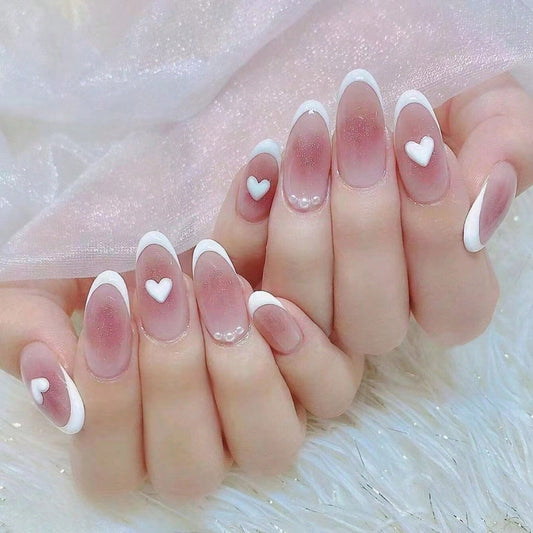 Elegant Bridal Long Almond Transparent Pink Press-On Nail Set with White French Tips and Heart Accents