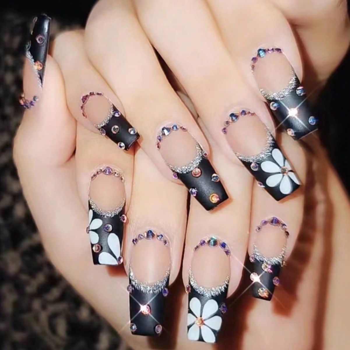 Gothic Elegance Long Coffin Black Press On Nails with Glitter Accents and Rhinestone Embellishments