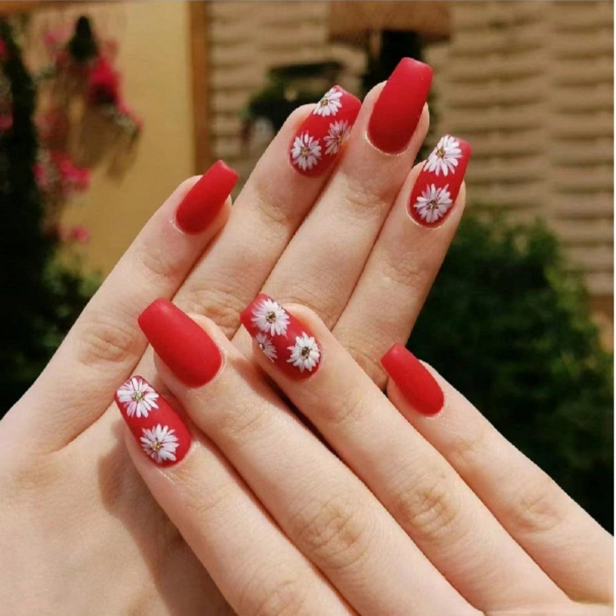 Spring Blossom Medium Square Matte Red Press On Nails with Delicate Daisy Accents