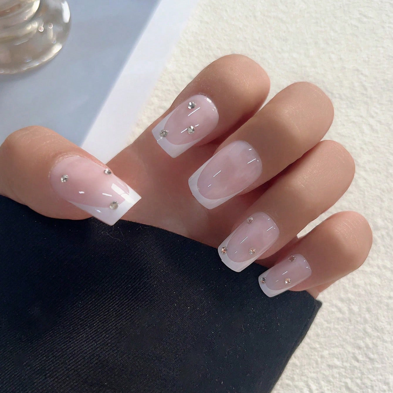 Elegant Bridal Collection Medium Square Pale Pink Press On Nails with Rhinestone Accents