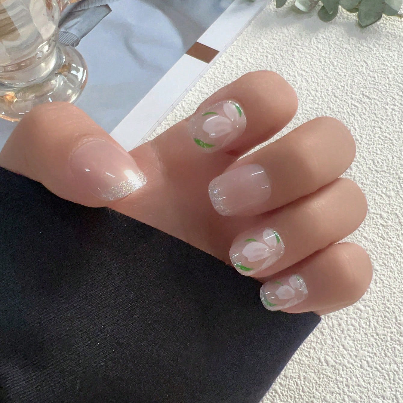 Spring Blossom Collection Short-Length Squoval Beige Press On Nails with Green Floral Accents