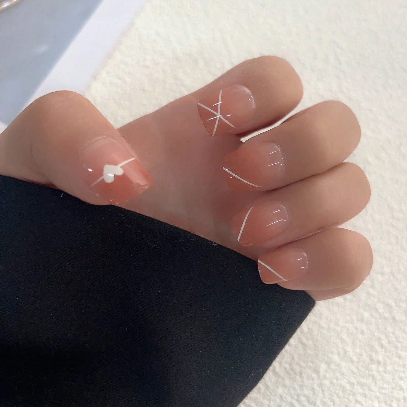 Stargazer Chic Medium-Length Square Beige Press On Nails with White Accent Art Designs