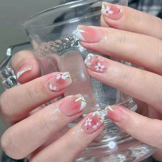 Spring Blossom Medium-Length Square-Shaped Pink Floral Press On Nail Set with White Accents